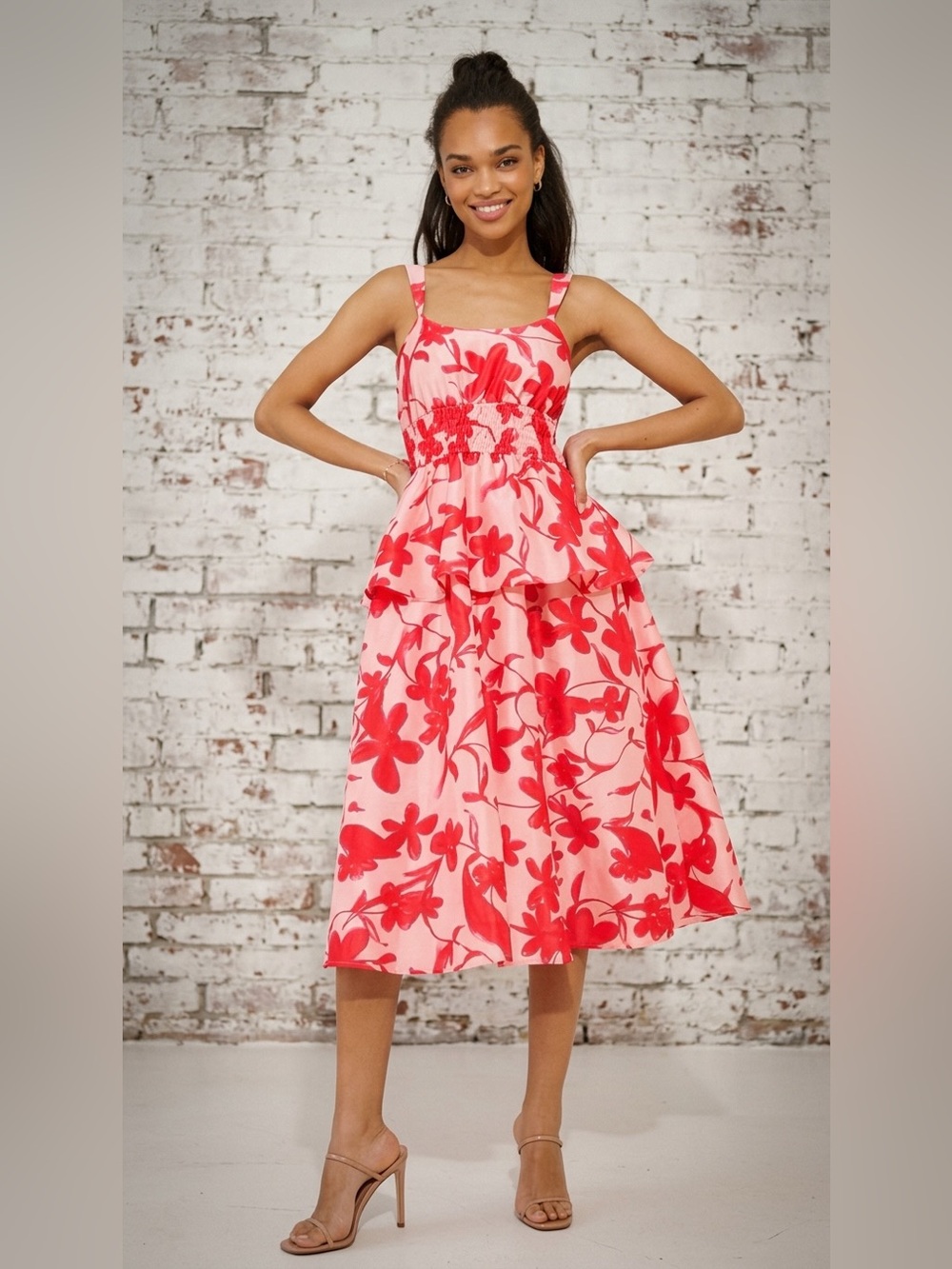 ANTHROPOLOGIE Hutch Ruched Floral Midi Dress with Red Floral Print
